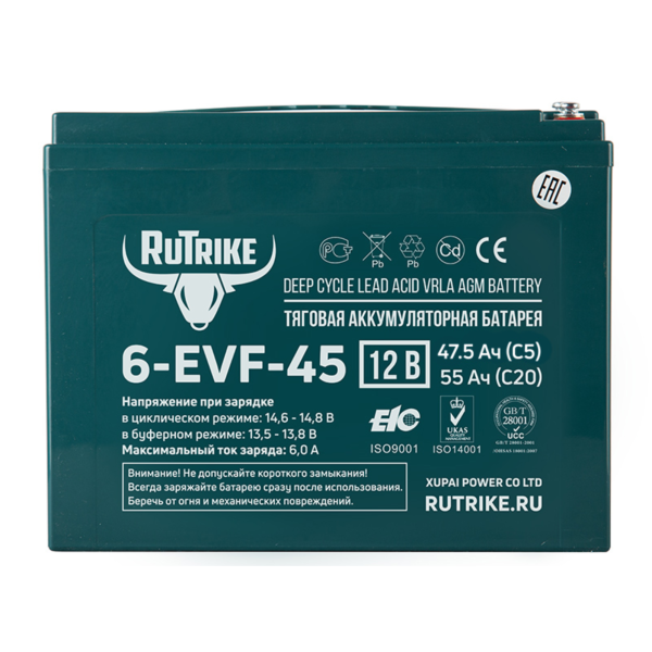 Аккумулятор тяговый Rutrike 6-EVF-45 (12V45A/H C3)