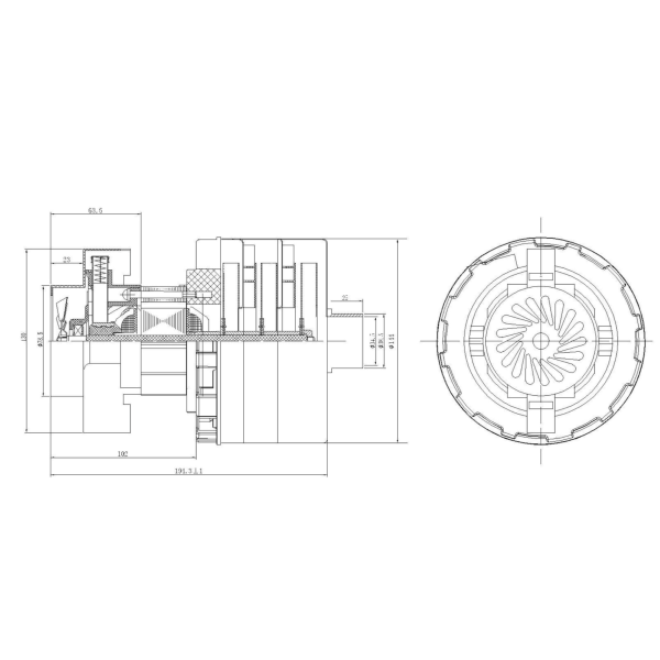 Вакуумный мотор 24В 550Вт периферический трехстадийный Метлана Вакуумный мотор 24В 550Вт периферический трехстадийный Метлана
