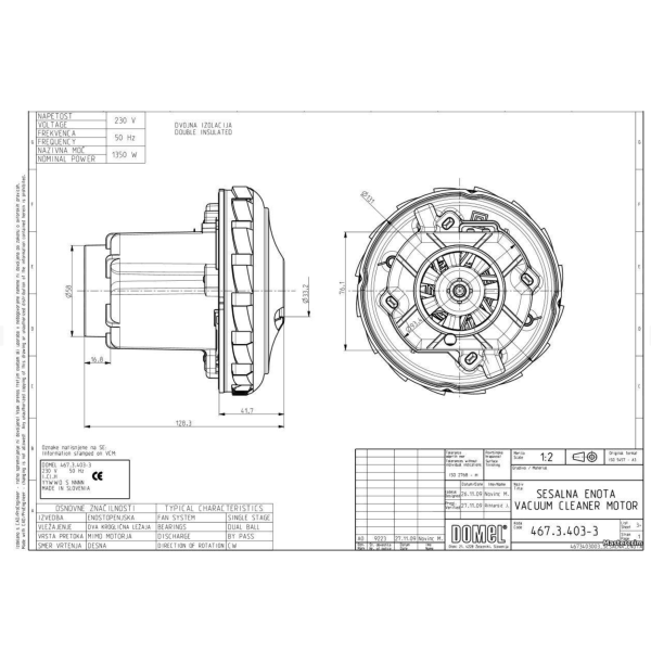 Турбина NV-62 1300W для пылеводососов Ghibli, Soteco, Karcher
